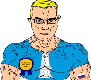 chudjak, chudjak front, muscular chud, arm, award, blonde hair, blue eyes, buff, christianity, closed mouth