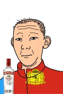 kuzjak, 1864, alcohol, animal, bottle, closed mouth, clothes, cross, crown, drink