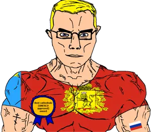 chudjak, chudjak front, muscular chud, animal, arm, award, blonde hair, blue eyes, buff, cathedral