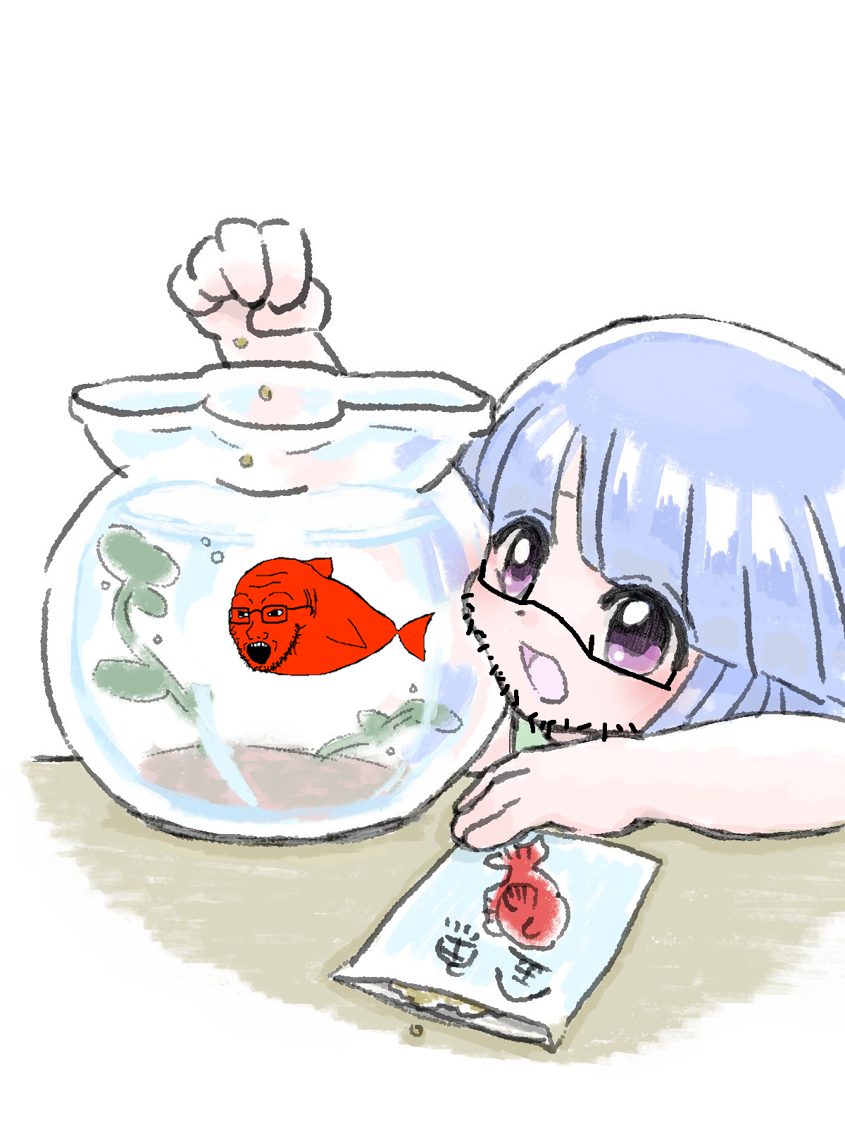 rika furude, soyak, fishjak, animal, anime, eyebrows, fish, forehead lines, glasses, open mouth