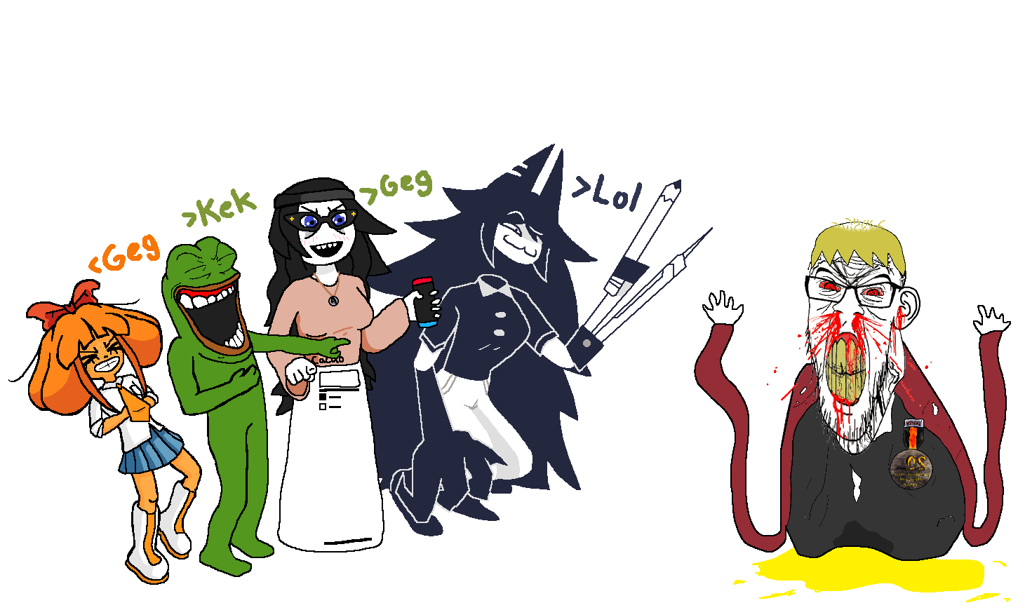 miss circle, mymy schoppenboer, nate higgers, pepe, pepelaugh, soytan, feraljak, natejak, /qa/ (soyjak.party), amphibian