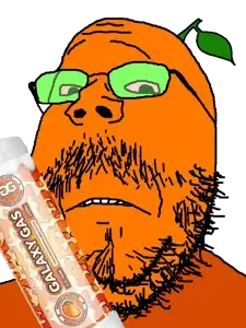gapejak, mustached gapejak, beard, bloodshot eyes, closed mouth, food, frown, fruit, galaxy gas, mustache