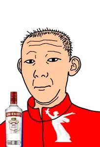 kuzjak, 1864, alcohol, bottle, closed mouth, clothes, drink, ear, flag, full body
