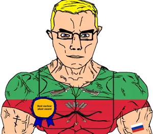 chudjak, chudjak front, muscular chud, arm, arrow, award, bayonet, blonde hair, blue eyes, bow