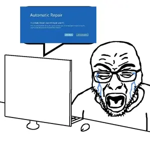 rupturejak, automatic repair, closed eyes, computer, computer mouse, crying, glasses, open mouth, soyjak, speech bubble