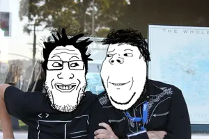 gapejak, markiplier soyjak, wholesome soyjak, are you soying what im soying, 2soyjaks, balding, glasses, hair, irl background, looking at each other