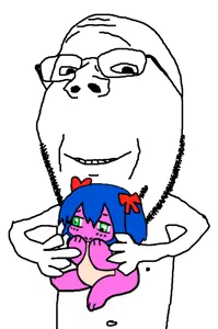 bury pink gril, gapejak, wholesome soyjak, /s4s/, arm, blue hair, bowtie, glasses, green eyes, hair