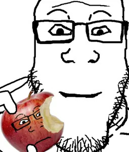 markiplier soyjak, neutralplier, apple, beard, closed mouth, eating, food, fruit, glasses, neutral