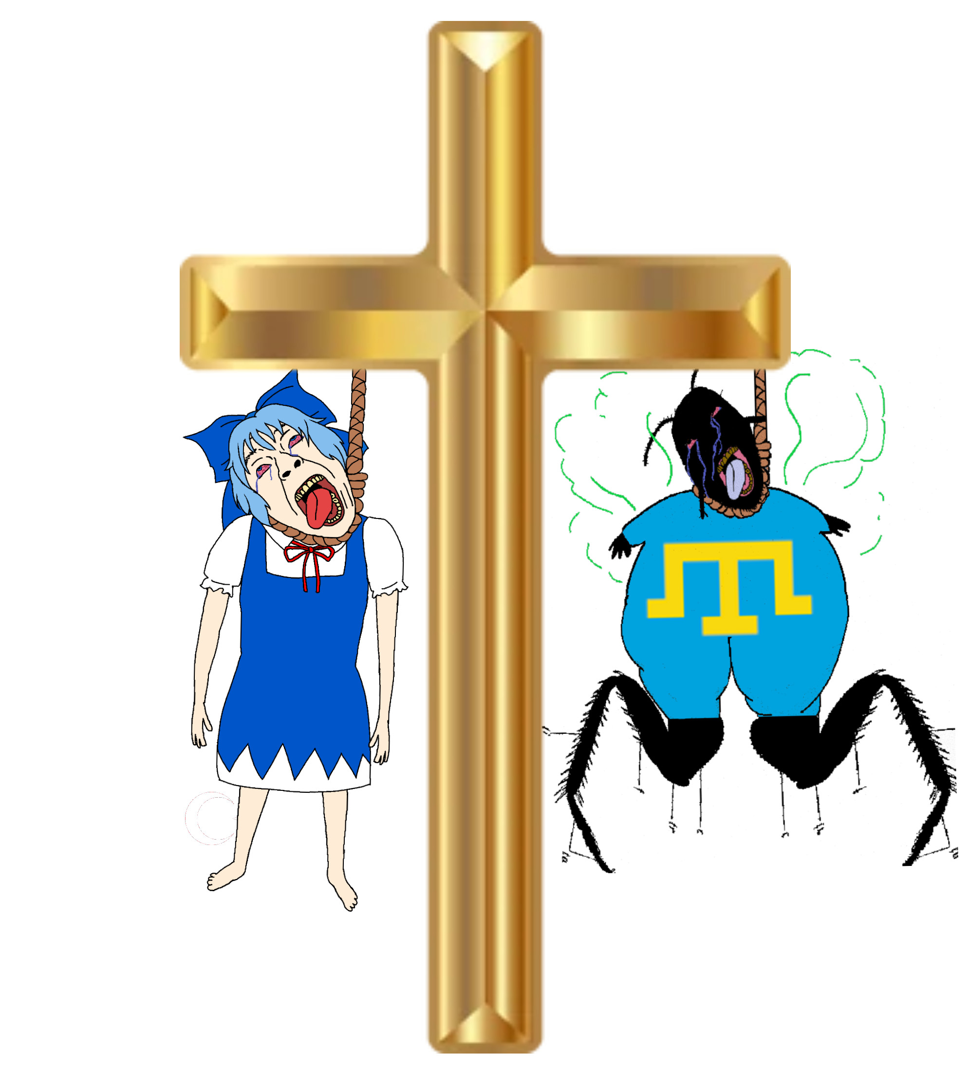 cirno, bernd, gapejak, hanging ugly personjak, ugly personjak, ack, animal, anime, antenna, barefoot