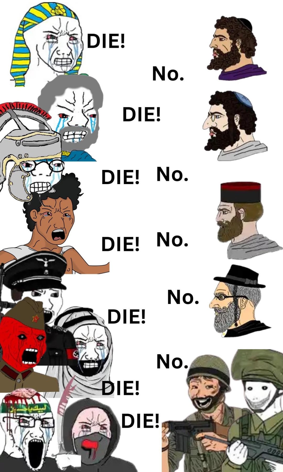 wojak, yes chad, soyak, antifa, arab, babylon, beard, bloodshot eyes, brain, clothes