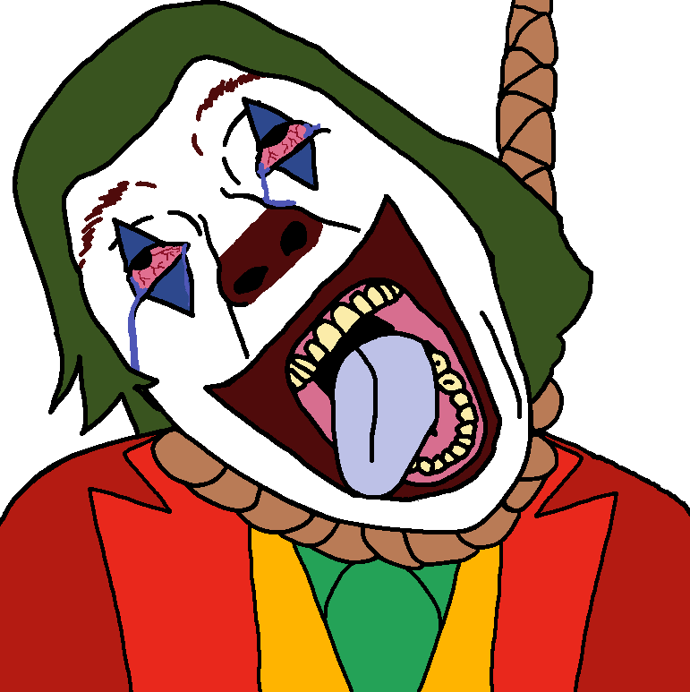 joker (dc), bernd, hanging troonjak, troonjak, ack, ack!, bloodshot eyes, clothes, clown, clown nose