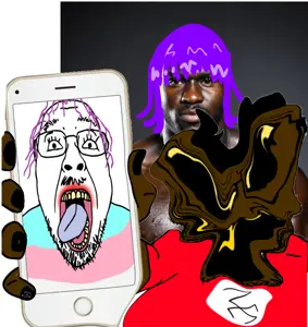 bernd, markiplier soyjak, slopjak, showing phone, brown skin, distorted, nazism, trans rights, transbvll