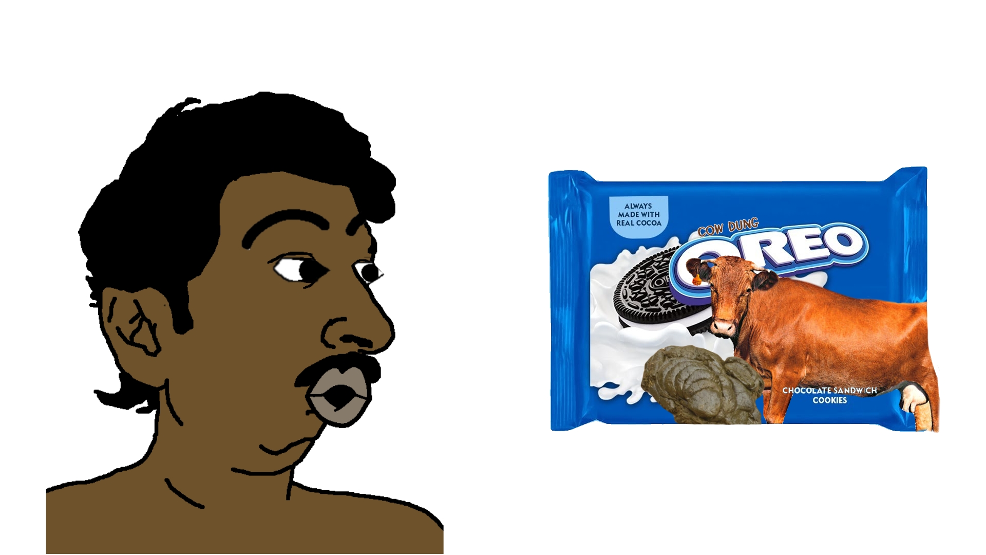nojak, pajeetjak, 1soyjak, animal, black eyes, black hair, brown skin, cookie, cow, ear
