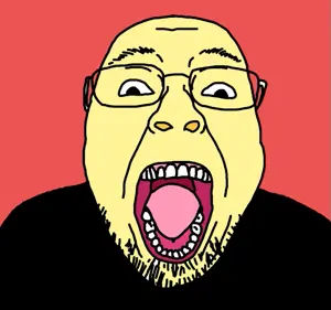 bernd, >! jorc uwu !< ('cord user), black shirt, chromaverse ('cord server), clothes, glasses, open mouth, red background, stubble, yellow skin