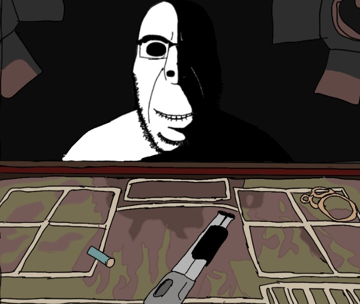 rapeson, cobson, cobson front2, hornyson, rapeson, biting lip, buckshot roulette, creepy, gun, hollow eyes