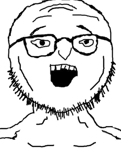 kokeshijak, as the gods will, front view, glasses, kokeshi doll, open mouth, soyjak, stubble, traced, uncolored skin