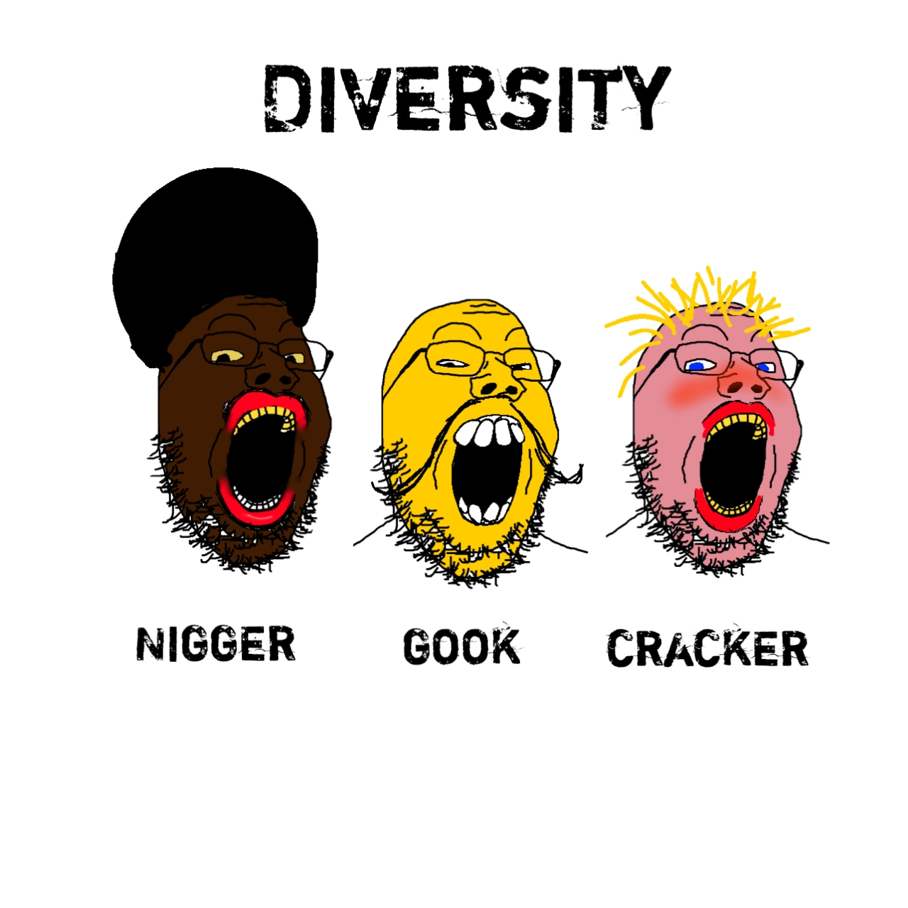 gapejak, 3soyjaks, afro, asian, black skin, blonde hair, blue eyes, blush, cracker, diversity