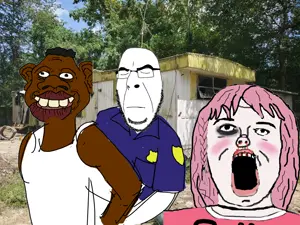 sheeeit, a24 slowburn soyjak, cobson, its over, badge, black eye, blood, brown skin, closed eyes, clothes