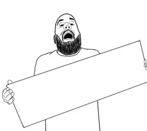 thps soyjak, 1soyjak, beard, clothes, hands, holding object, monochrome, mustache, open mouth, soyjak