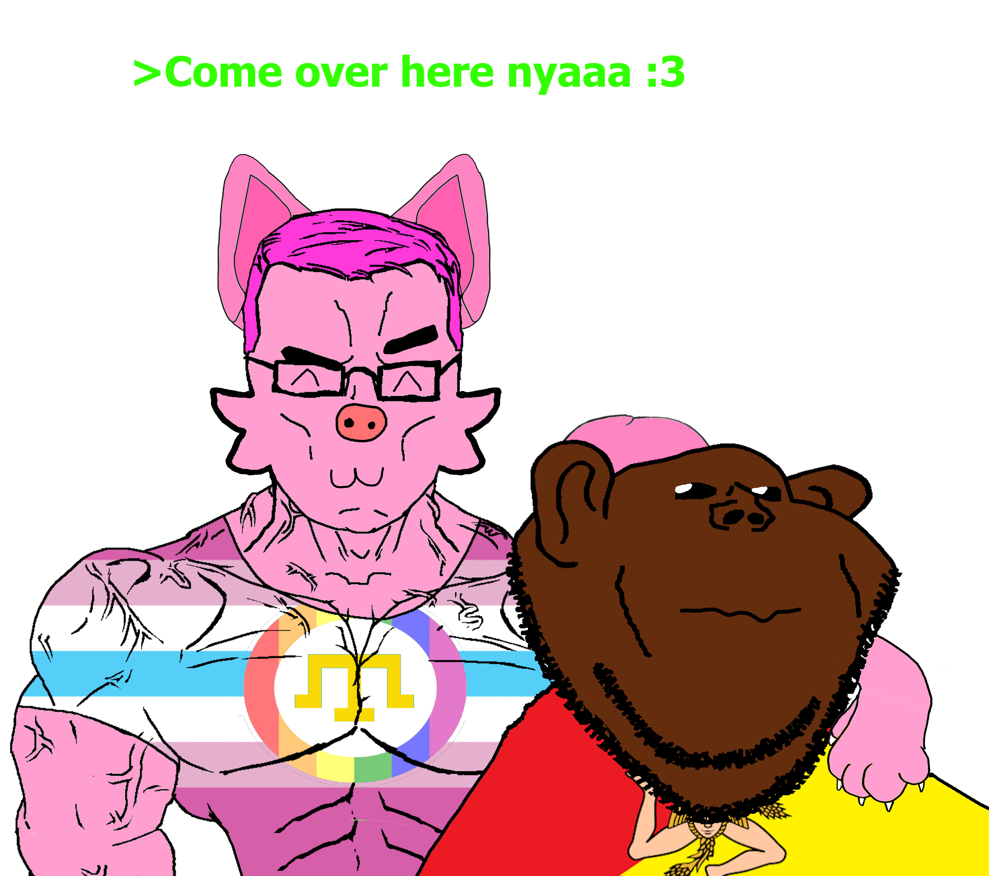 boykisser, chudjak, impish soyak ears, chudjak front, muscular chud, animal, arm, blue eyes, blush, blushes