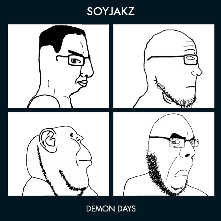 chudjak, cobson, impish soyak ears, markiplier soyjak, neutralplier, sidecob, sideplier, 4soyjaks, album cover, chud