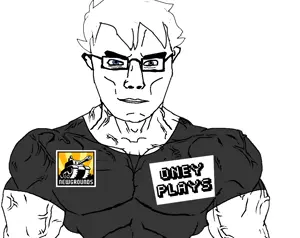 chudjak, chudjak front, muscular chud, black shirt, blue eyes, buff, looking at you, newgrounds, oneyplays, uncolored skin