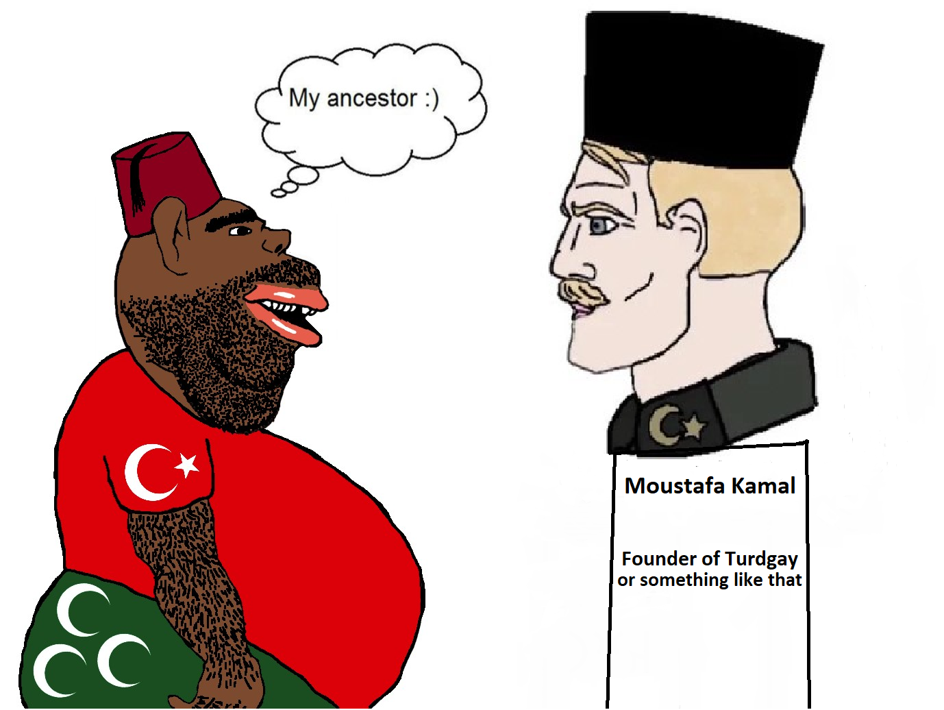 impish soyak ears, ataturk, beard, big lips, blonde beard, blonde hair, brown skin, bushy eyebrows, chad, crooked teeth