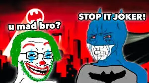 joker (dc), wojak, soyak, clown, crying, glasses, green hair, makeup, stubble, batman