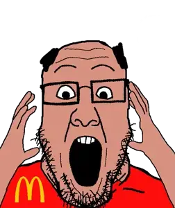 markiplier soyjak, ppp, ppplier, amerimutt, glasses, hair, hands, hands up, mcdonalds, red shirt