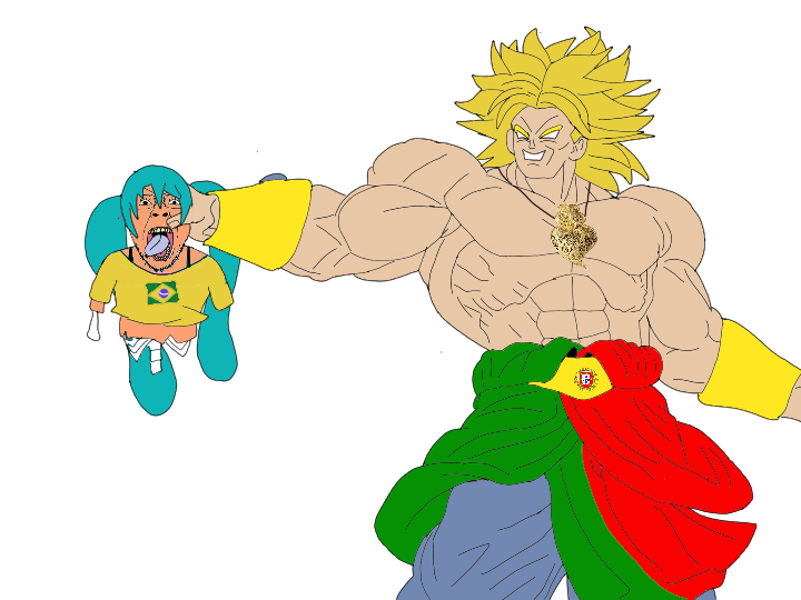 broly, hatsune miku, bernd, brolyjak, anime, blonde hair, blue hair, brazilian miku, buff, clothes