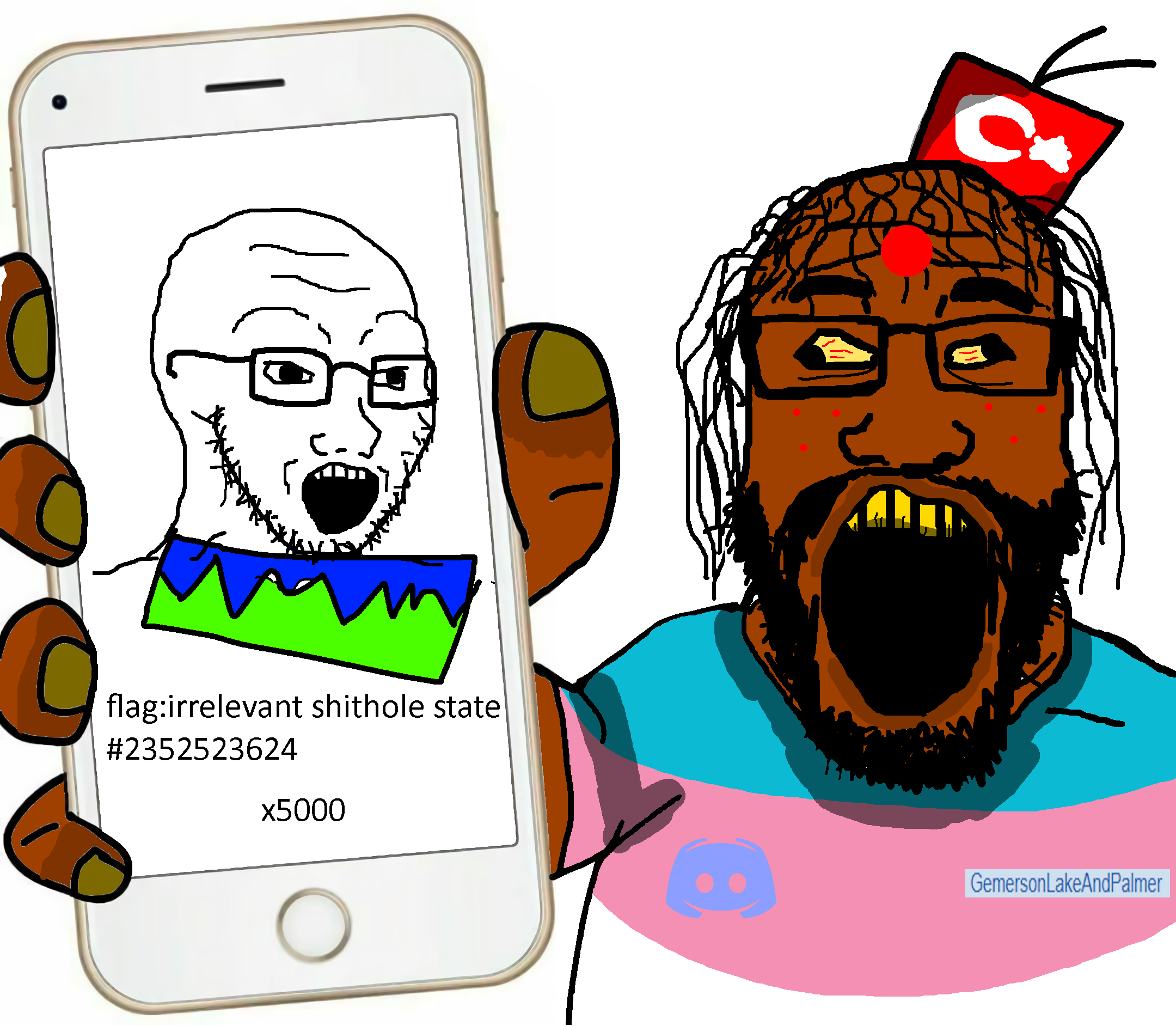 markiplier soyjak, soyak, phoneplier vertical, showing phone, acne, beard, bloodshot eyes, brown skin, bushy eyebrows, clothes