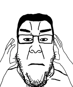 chudjak, markiplier soyjak, ppp, chudplier, neutralplier, ppplier, closed mouth, glasses, hair, hands