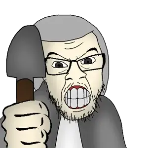 feraljak, angry, black eyes, clenched teeth, clothes, gravekeeper (shadovis rpg), holding object, hood, shadovis rpg, shovel