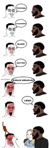 black tradcath, tradwife wojak, wojak, yes chad, chudjak, anger mark, angry, black skin, bloodshot eyes, blush
