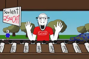 dylanjak, reaction soyjak, drink, full body, grass, hands, hands up, jartycar, road, shop