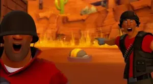 scout (team fortress 2), soldier (team fortress 2), two pointing soyjaks, grenade, pointing, thumbnail, video game, team fortress 2