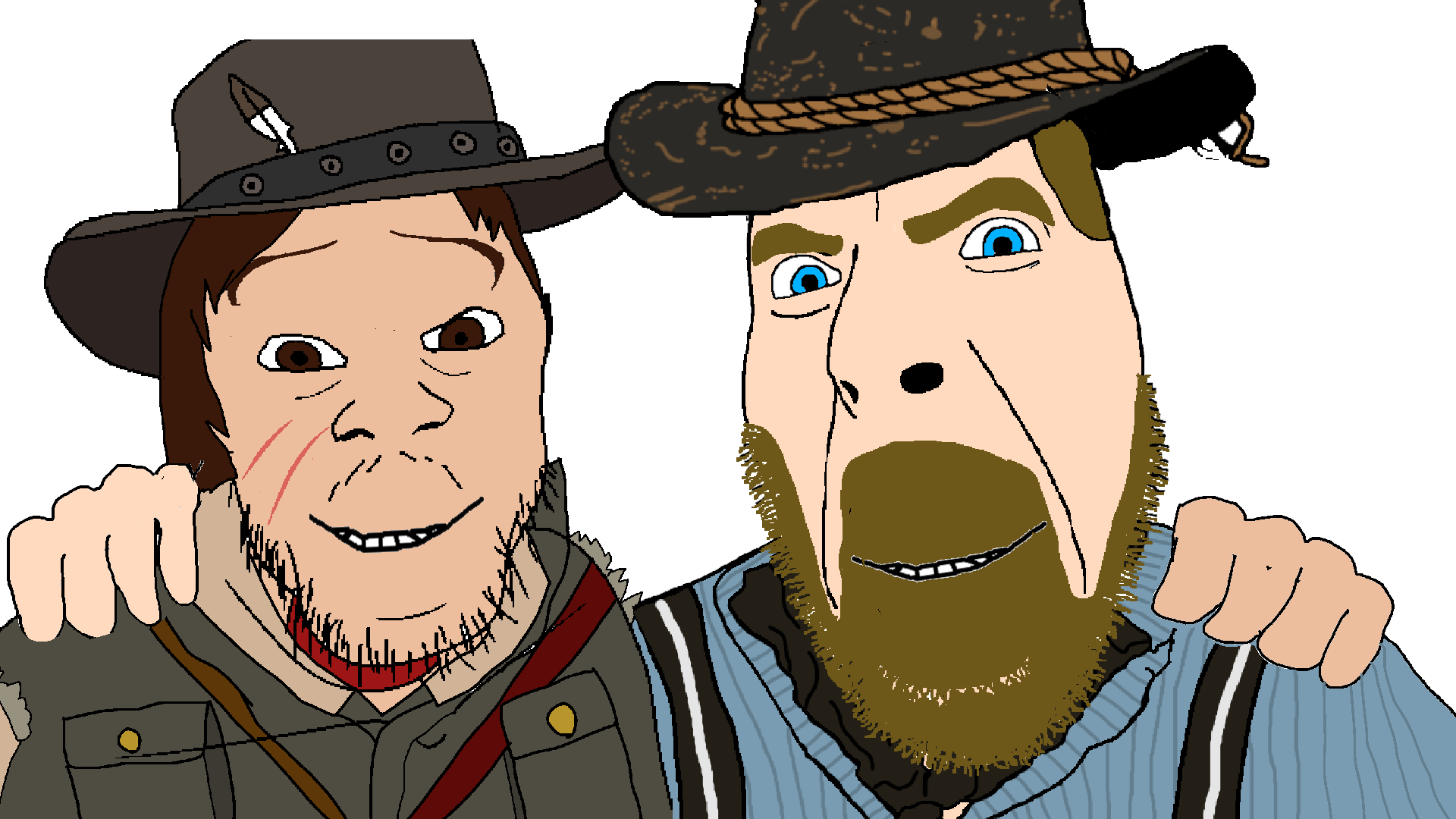 arthur morgan, john marston, cobson, feraljak, no more brother wars, 1899, 1911, 2soyjaks, beige shirt, blonde hair
