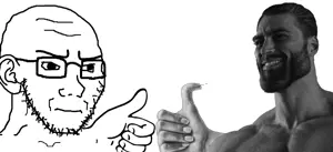 gigachad, soyak, soyak (irritated), beard, closed mouth, ear, frown, glasses, hands, hitchhiker's thumb