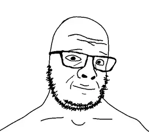emmajak, bald, closed mouth, glasses, happy, shirtless, smile, soyjak, stubble