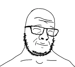 emmajak, bald, closed eyes, closed mouth, glasses, happy, shirtless, smile, soyjak, stubble