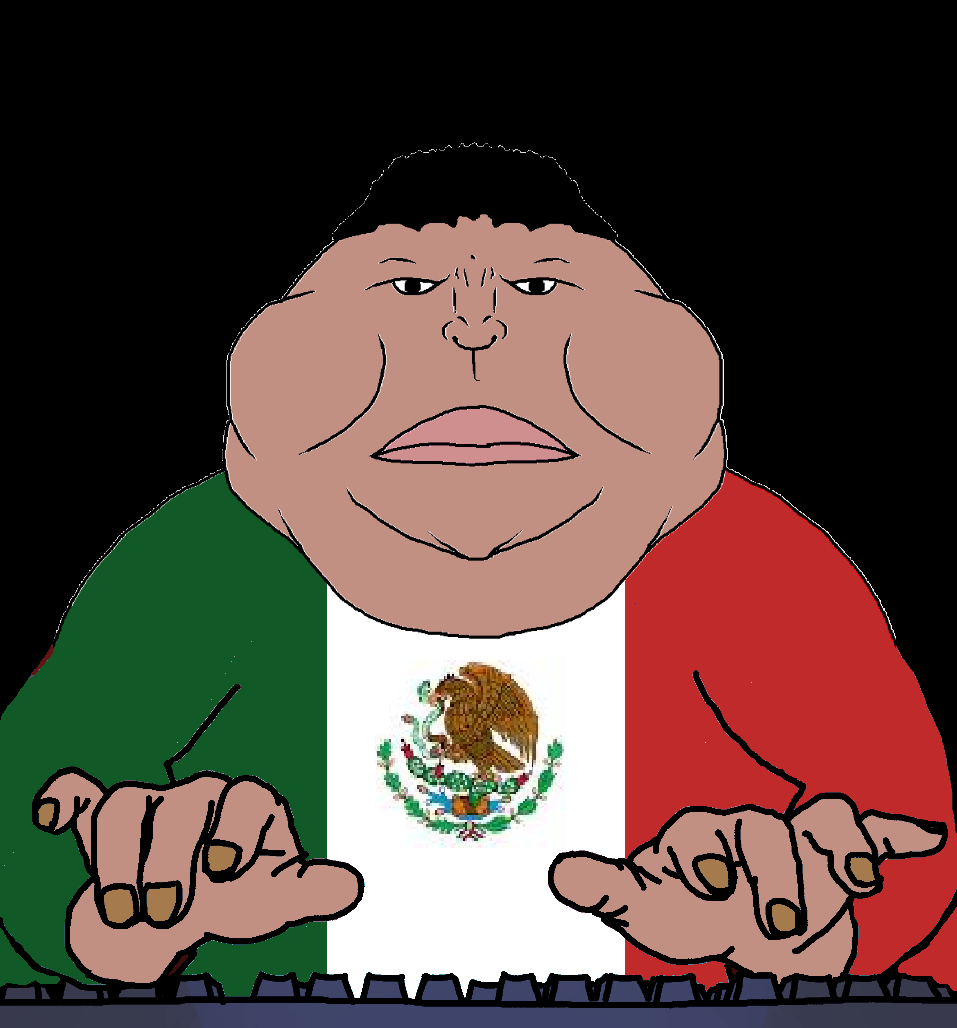 meximutt, meximutt front2, mcdonalds typing cobson, 1soyjak, black background, black eyes, black hair, closed mouth, fat, front view