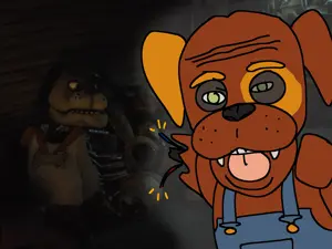 two pointing soyjaks, animal, animatronic, clothes, dog, dog ear, ear, overalls, pet, pointing