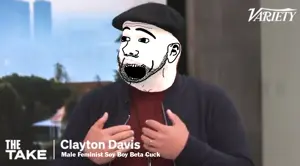 excited soyjak, beret, clayton davis, clothes, ear, feminist, hat, merge, open mouth, real life