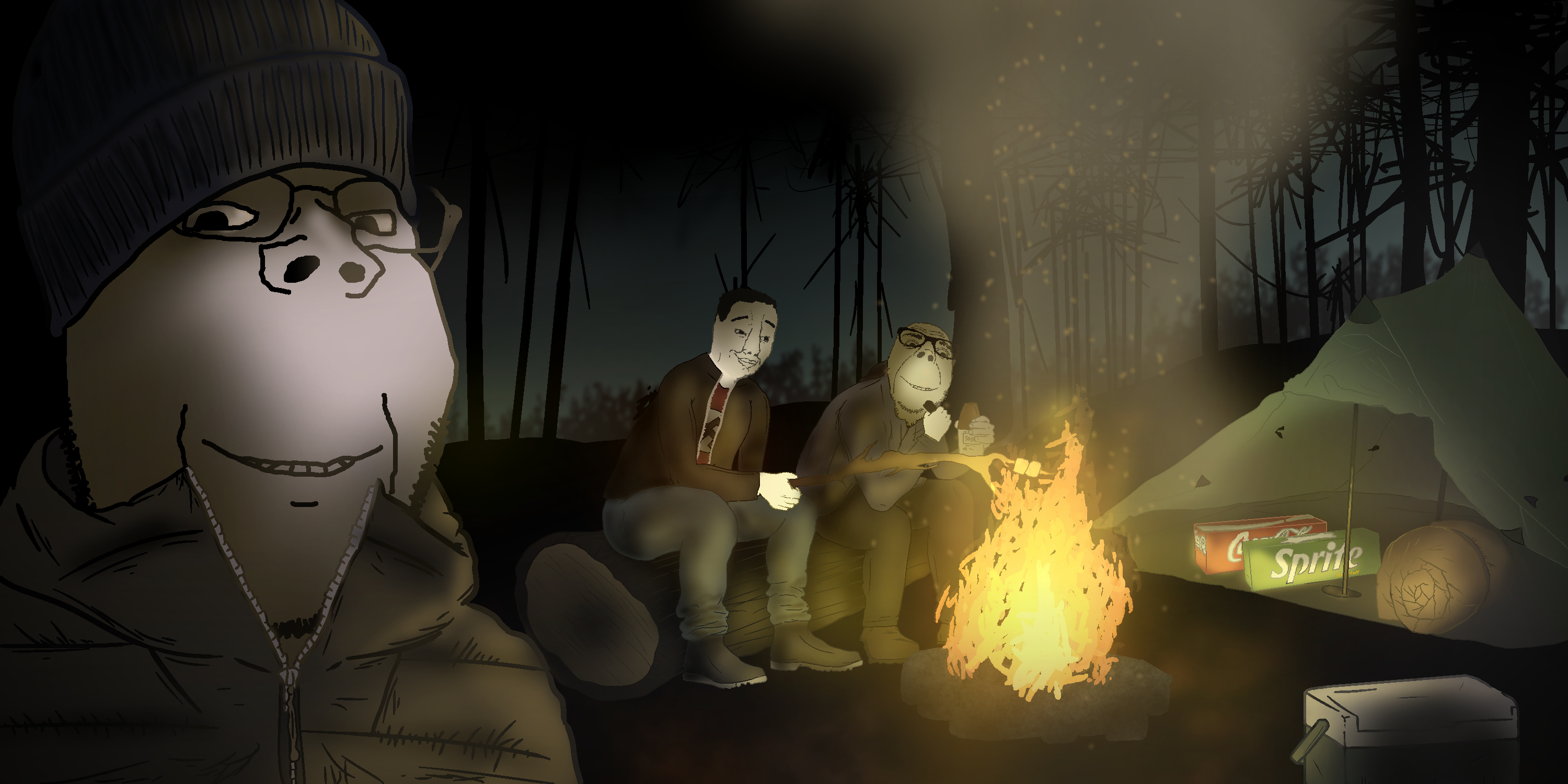 sisa9000, chudjak, dubbbzjak, gapejak, wholesome soyjak, arm, background, beanie, box, campfire