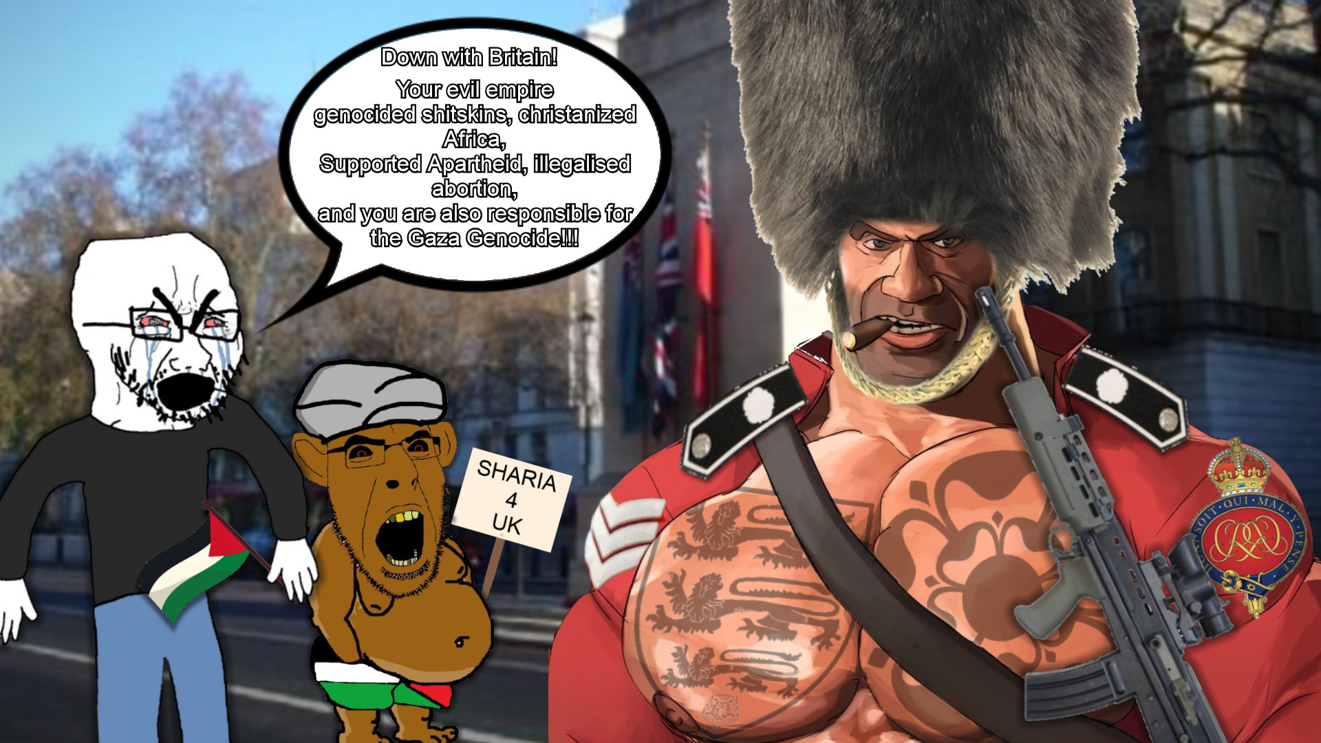 soldier (team fortress 2), cobson, cryboy soyjak, soyak, army, bald, beard, bearskin, brown skin, clothes