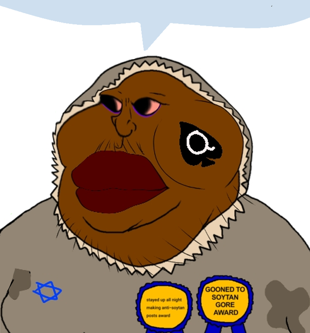 meximutt, angry, award, bloodshot eyes, brown skin, closed mouth, clothes, distorted, eskimo, fat