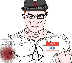 chudjak, chudjak front, muscular chud, atheism, fedora, looking at you, name tag, richard dawkins, the god delusion, mick