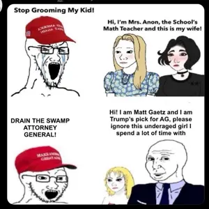 donald trump, wojak, cryboy soyjak, soyak, crying, drain the swamp, groomer, maga hat, matt gaetz, screenshot