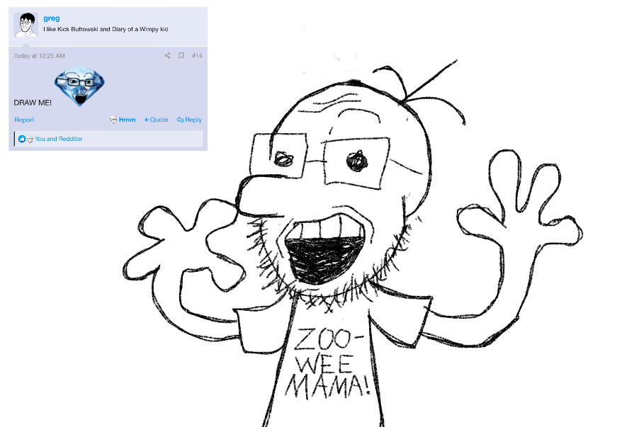 unknown, bald, black eyes, drawing, eyebrows, forehead lines, glasses, greg heffley, hair, open mouth