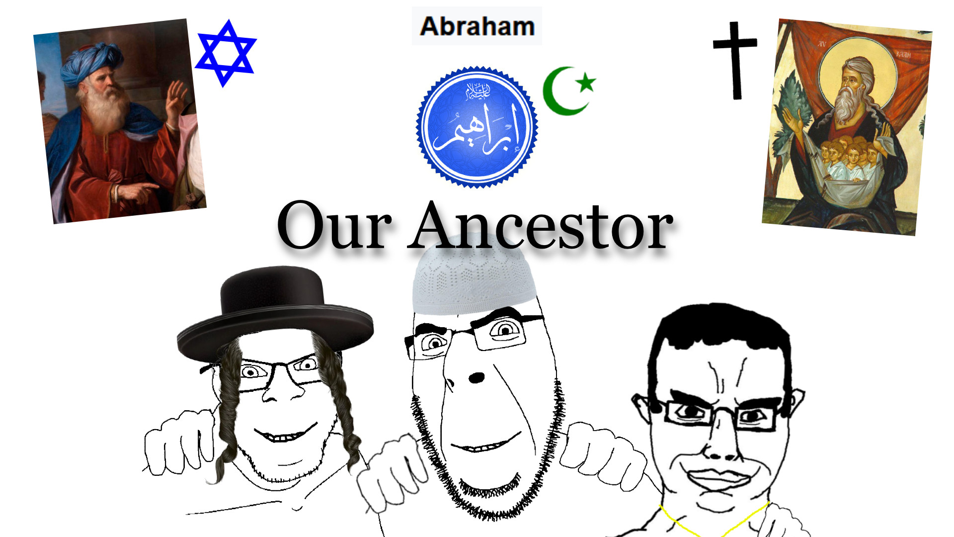 chudjak, cobson, feraljak, no more brother wars, 3soyjaks, abraham, abrahamic, arabic text, arm behind back, christian cross
